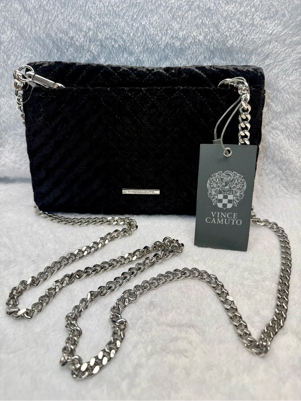 Vince Camuto small black velvet quilted shoulder bag with silver chain